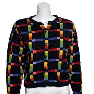 Vintage Janes Closet Rainbow Plaid Cardigan Sweater Womens Size S Button Up